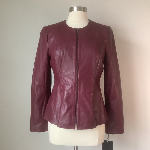 NEW Badgley Mischka Genuine Leather Peplum‎ Jacket Burgundy 67047 Size M - Picture 4 of 15
